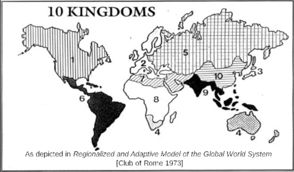 Mapa świata przedstawiająca propozycję Klubu Rzymskiego dotyczącą utworzenia 10 królestw – Źródło